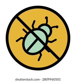 A yellow circle sign with a black border and bug crossed out, indicating no insects allowed, bug free zone