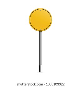 Yellow Circle Signboard - Realistic Round Street Sign Mockup With Blank Copy Space Isolated On White Background. Empty Signpost On Metal Pole - Vector Illustration.