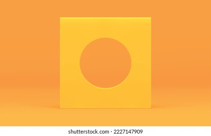 Yellow circle squared frame 3d block vertical wall foundation decor element realistic vector illustration. Premium round geometric polygonal border basic architecture minimalist symmetric object