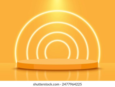 Podio de escenario de círculo amarillo decorado con luz de neón y foco. Escena del pedestal con el producto, la publicidad, el espectáculo, la ceremonia del premio, en el fondo amarillo. Ilustración vectorial.