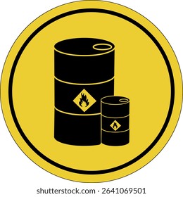 Yellow circle sticker. Chemical storage. Warning icon. Caution flammable chemical barrels. Hazardous waste.