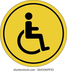 Yellow circle sticker. Wheelchair icon. Sign of a person in a wheelchair.