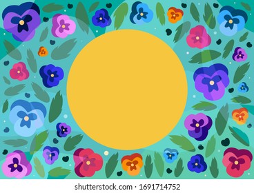 Yellow circle surrounded by green leaves and colorful flowers of pansies on turquoise background