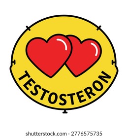 A yellow circle with two red hearts and testosterone text, symbolizing love and hormone concept
