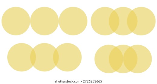 Gelber Kreis venn Diagramm Sequenz mit überlappenden Abschnitten in weichen Tönen Vektor Infografik für Datendiagramm Modell Balance schneiden abgerundete geometrische Business-Element sauber Layout Info