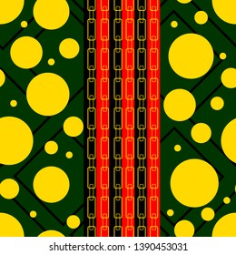 yellow circles with black rhombus and chains on a dark green color