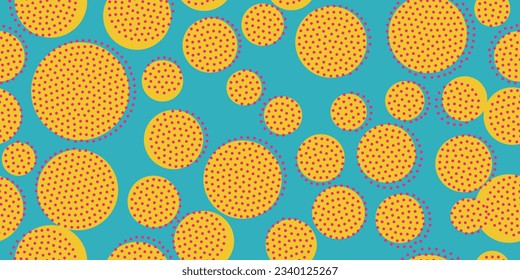 Yellow circles and many small dots. Vector pattern with blue background. Seamless and simple pattern with circles. For prins and seamless wallpapers.