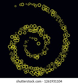 Yellow circles on a black background. Flying confetti. The contour of intersecting circles.