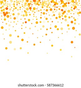 Yellow circles on white background.  Vector colorful round confetti splash isolated on white background. Circles confetti fall from top to bottom. Falling down from the top of the circle of confetti. 