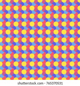 yellow circles positioned in rows on a colored background of pink, blue and purple waves, editable vector seamless pattern