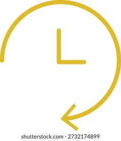 Yellow circular arrow clock with simple hour and minute hands indicating time on white Keywords