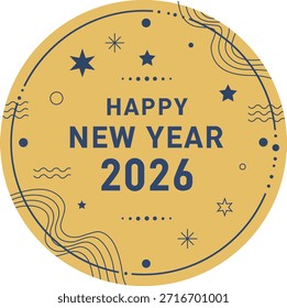 Um design circular amarelo com texto azul e tema de noite estrelado desejando Feliz Ano Novo 2026