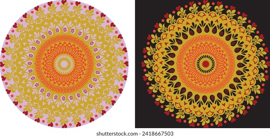 A yellow  circular design on a black background.  A yellow  circular design on a black and white background. Yellow and mandala in vector  with colored details on black and white background with heart
