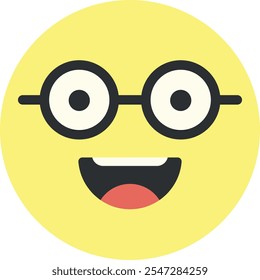 Yellow circular face with large black-rimmed glasses and a wide open smile, ideal for children's themes or educational materials