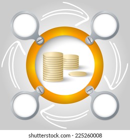 yellow circular frame for text with arrows and coin