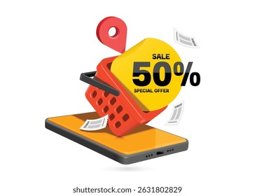 yellow circular label with promotional text 'special offer sale 50%' is placed in a red shopping basket, all displayed on smartphone screen for online shopping advertisement design. vector 3d isolated