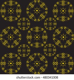Yellow circular ornament. Pattern on a black background. Thin lines.