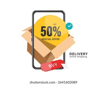 yellow circular promotion sign with text special offer 50% off is placed in a parcel box or cardboard box and has a buy button below for customers to order online, vector 3d for online shopping