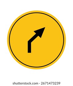 Señal de tráfico circular amarilla que indica una dirección de giro a la derecha hacia adelante