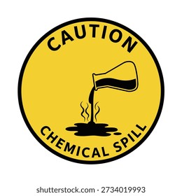 Um sinal circular amarelo com uma borda preta exibe um aviso sobre um derramamento químico. Um copo é inclinado, derramando um líquido escuro sobre uma superfície, criando uma poça com vapor subindo. As palavras "CAUTELA" e "DERRAME QUÍMICO" estão escritas em texto preto ao redor da imagem.