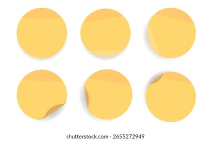 Notas adesivas circulares amarelas com 6 estilos de curvatura e dobradura. Ideal para memorandos de atenção ou componentes de IU de lembrete digital.