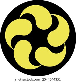 Yellow circular water logo.  A circular, abstract black-and-yellow design with four symmetrical, petal-like shapes, creating a swirling pattern within a solid black circle.