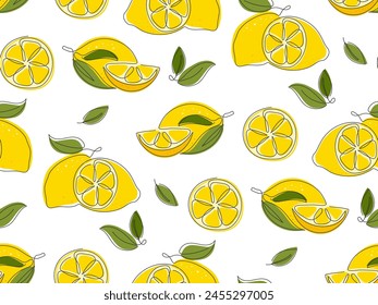 Patrón sin costuras de cítricos amarillos. Línea Abstractas Dibujado Lemon piezas de fondo. Fruta sana natural orgánica fresca. Ilustración de alimentos Doodle para el Fondo de pantalla de diseño, embalaje, cubierta