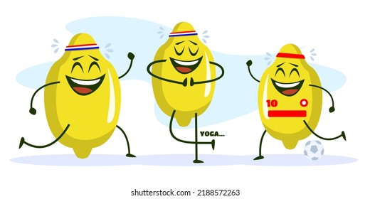 Yellow citrus smiling lemon fruit isolated cartoon character on sport trainings.