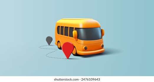 Yellow city bus and navigation icons, 3D. Travel, education, school transport, passenger transportation. Vector