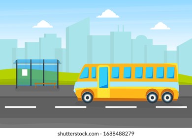 Yellow City Bus on a Bus Stop, Public Urban Transport on Background of City Landscape on Vector Illustration