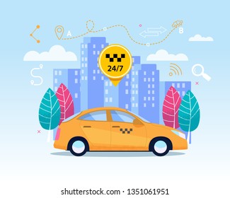 Yellow City Cab Transfer Service. Flat Banner with Business Cab on Cityscape. Yellow Car Cab Transport Service for Transfer, Urban Travel. 24 Hour Transportation Technology. Modern Design.