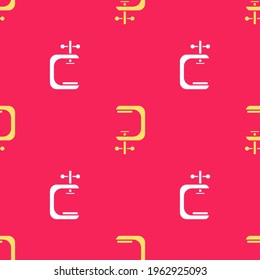 Yellow Clamp and screw tool icon isolated seamless pattern on red background. Locksmith tool.  Vector Illustration