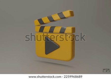 Yellow Clapper board icon. Media player icons. Video player icons.  Film clapperboard, video movie equipment. 3D Vector Illustrations.