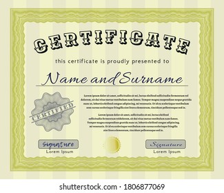 Yellow Classic Certificate or Diploma template.  Lovely design.  With guilloche pattern.  Detailed. 