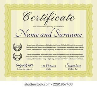 Yellow Classic Certificate or Diploma template.  Modern design.  With linear background.  Customizable, Easy to edit and change colors. 