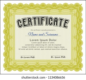 Yellow Classic Certificate template. With complex background. Elegant design. Vector illustration. 