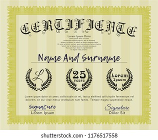 Yellow Classic Certificate template. Complex background. Customizable, Easy to edit and change colors. Cordial design. 