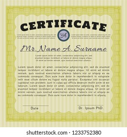 Yellow Classic Certificate template. With complex linear background. Detailed. Money style design. 