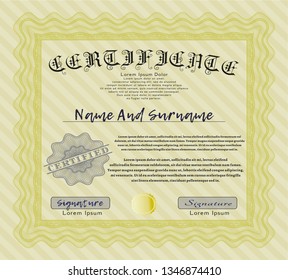 Yellow Classic Certificate template. Complex background. Customizable, Easy to edit and change colors. Cordial design. 
