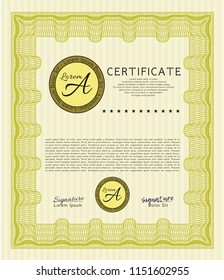 Yellow Classic Certificate template. Cordial design. Vector illustration. With quality background. 