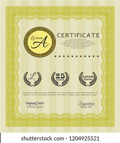 Yellow Classic Certificate template. Cordial design. With linear background. Detailed. 
