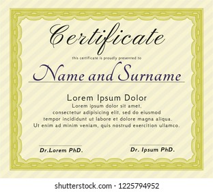 Yellow Classic Certificate template. Customizable, Easy to edit and change colors. With guilloche pattern and background. Artistry design. 
