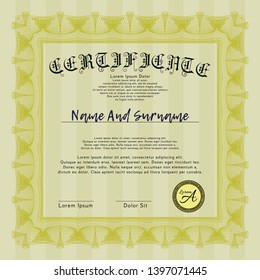 Yellow Classic Certificate template. Detailed. With complex linear background. Excellent design. 