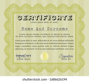 Yellow Classic Certificate template. Detailed. With guilloche pattern. Money Pattern. 