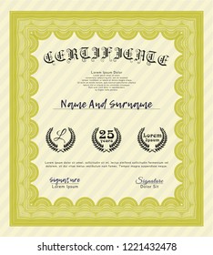 Yellow Classic Certificate template. Easy to print. Retro design. Vector illustration. 
