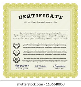 Yellow Classic Certificate template. Elegant design. Printer friendly. Detailed. 
