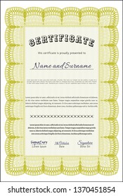 Yellow Classic Certificate template. Excellent design. With complex background. Vector illustration. 