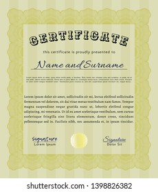 Yellow Classic Certificate template. Excellent design. Vector illustration. Easy to print. 