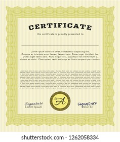 Yellow Classic Certificate template. With great quality guilloche pattern. Money Pattern design. Customizable, Easy to edit and change colors. 