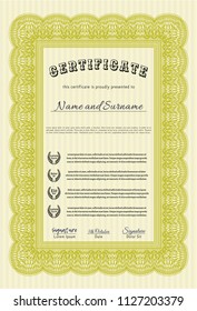 Yellow Classic Certificate template. With guilloche pattern and background. Retro design. Detailed. 